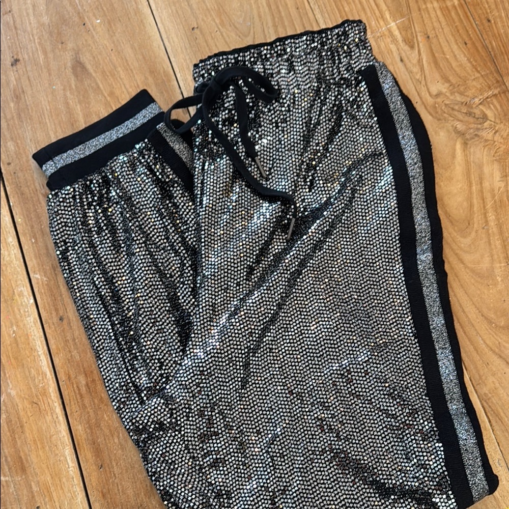 Pam & Gela Silver Sequin Jogger Pants with Black & Metallic Stripes size L